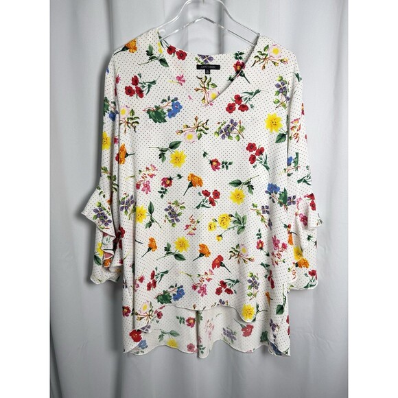 John Mark Floral Polkadot High Low Ruffle Sleeve Blouse Sz XL - Picture 1 of 6
